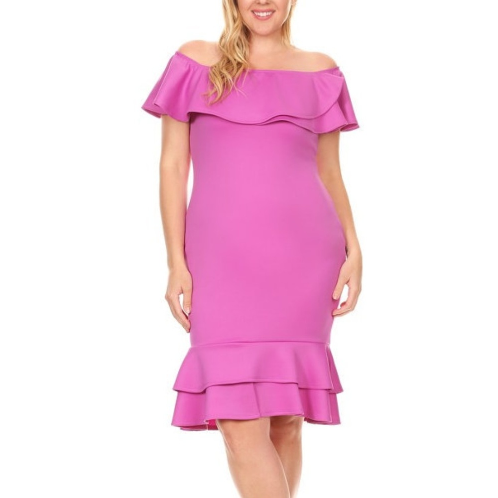 Plus Black Off Shoulder Ruffle Bodycon Dress - Picture 3 of 6